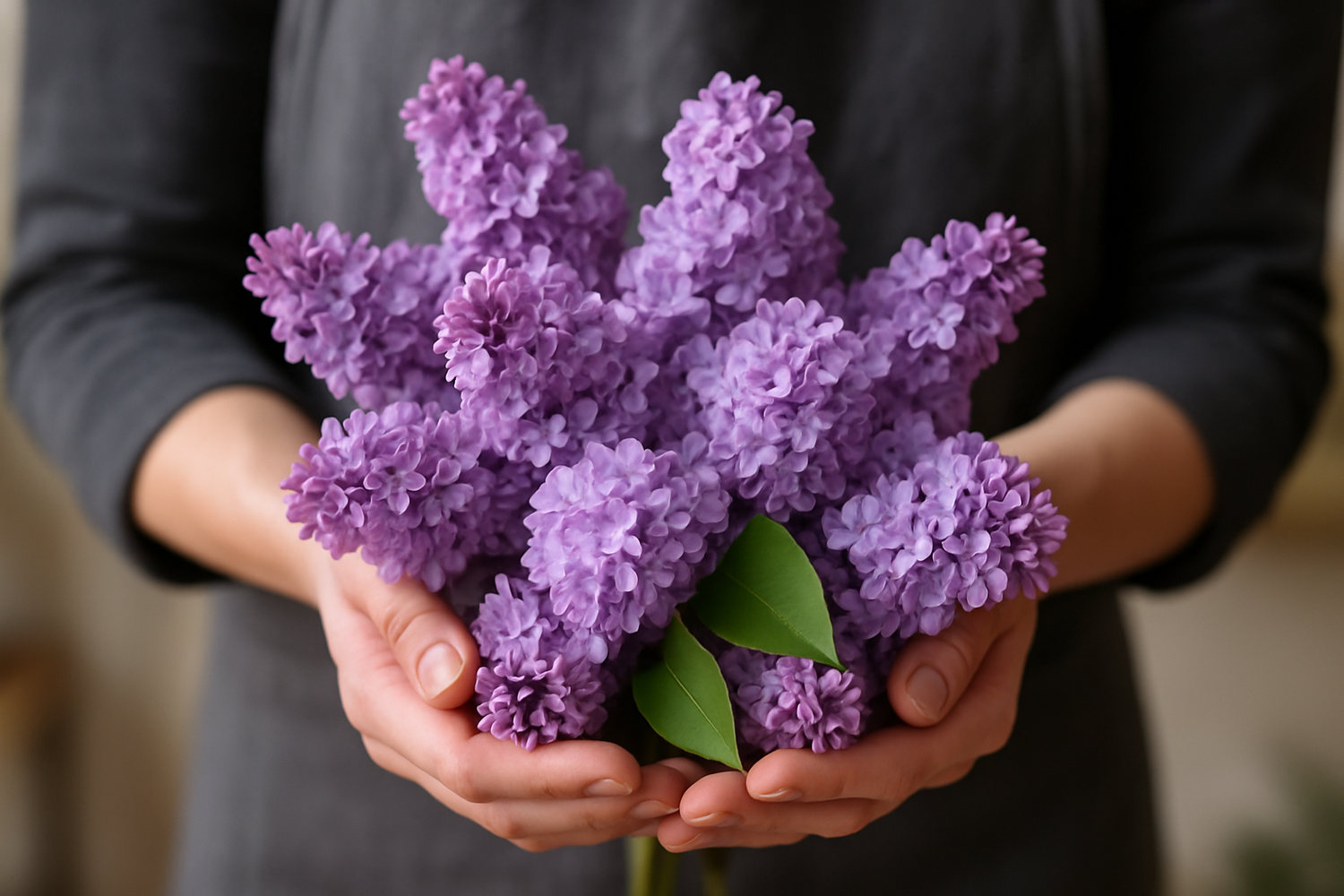 fleurs de lilas entre les mains d'une fleuriste