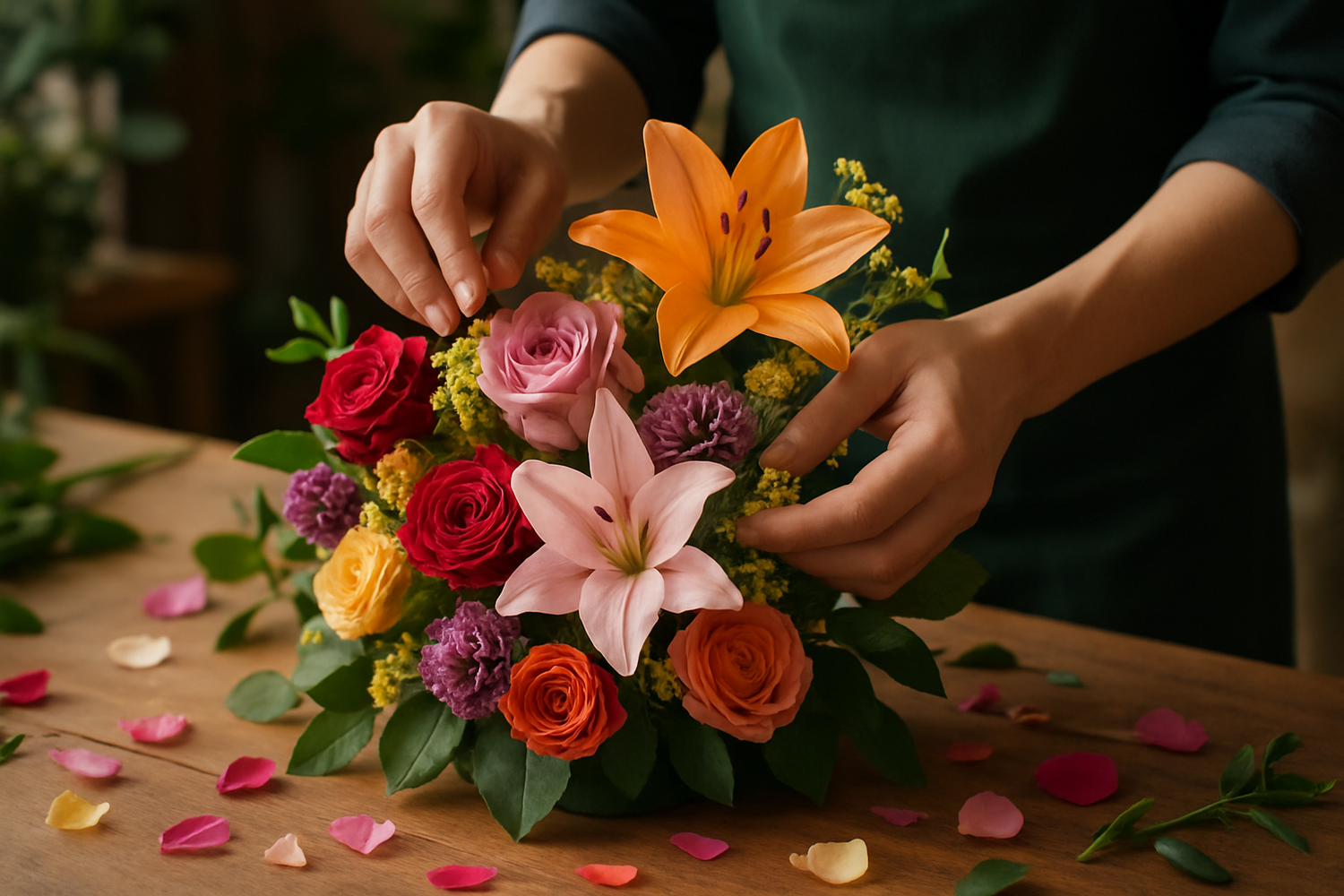 mains de fleuriste qui compose des fleurs